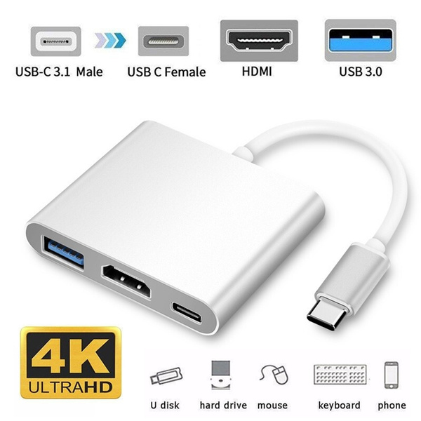 3 in1 Hub Type-C USB 3.1 to HDMI USB-C USB 3.0 Male to Female Converter Adapter 
