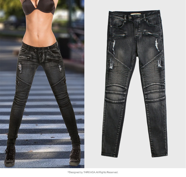 Wijzigingen van Bloedbad Bully New Fashion Black Biker Motorcycle Zip Jeans Women`s Mid High Waist Stretch  Denim Skinny Pants Motor Jeans for Women | Wish