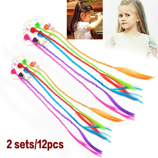 12PCS Kids Girls Colorful Nylon Braided Hair Clip-On Hair Extensions  Attachments | Wish