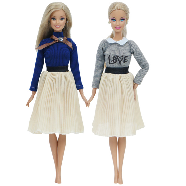 gray pleated skirt blue shirt