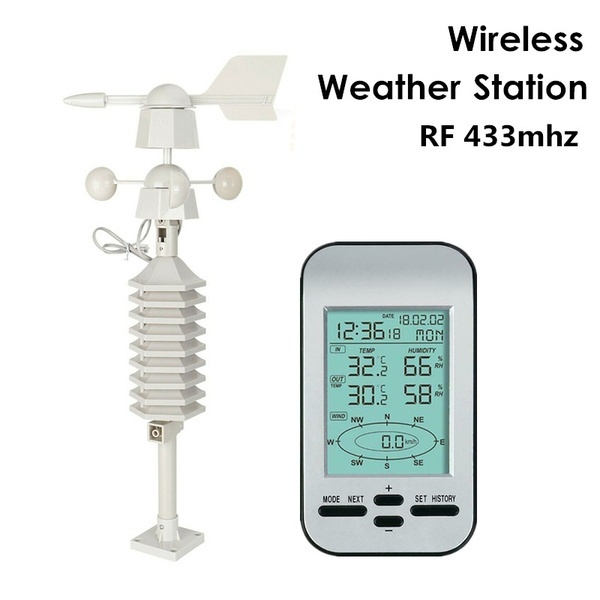 RF 433Mhz Wireless Weather Station Clock with Wind Speed Tester and  Direction Sensor Temperature Weather Forecast 