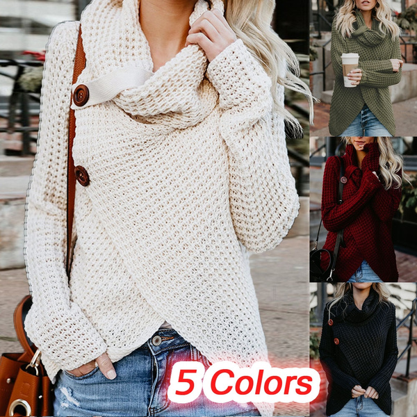 aanwijzing variabel Atticus Autumn Winter Women Knit Sweater Buttons Loose Cardigan High Collar Solid  Color Long Sleeve Irregular Hem Tops Sweaters Pullover Damen Plus Size |  Wish
