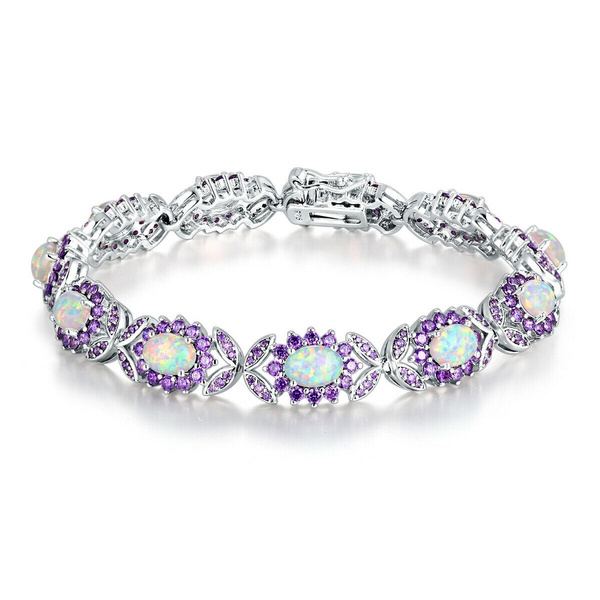 White Fire Opal Amethyst silver for Women Jewelry Gemstone Chain Bracelet OS580 