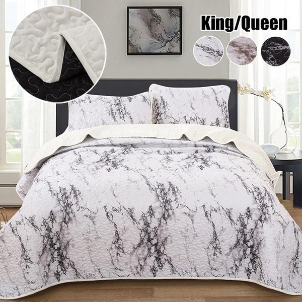 Fashion Marble 3 Piece Quilted Bedspread Throw Set Comforter Pillow