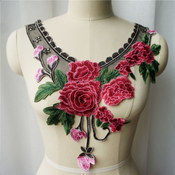 1 Pair Rose Flower Applique Embroidered Floral Collar Sew Patch Bust Dress BD*hu