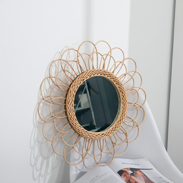 Wall Hanging Mirror,Hand-Woven Rattan Wall Hanging Mirror European Style Willow Circle Durable Home Decortion Mirror for Home Corridors Lounges Offices Decoration