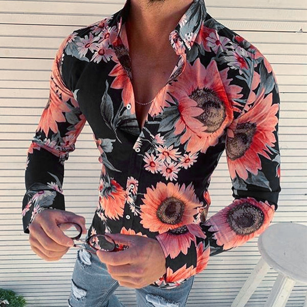 Attractive Men's Fashion Causal Long Sleeve Flower Printed Shirt Fit Slim  Blouse Top