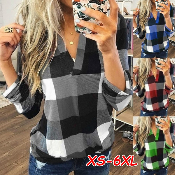 Women's Casual Loose roll-up Long Sleeve Button-Down Shirts v Neck