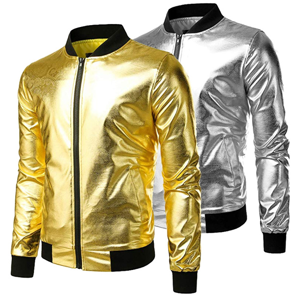 Buy WULFUL Men Metallic Party Nightclub Jackets Gold Halloween Zip Up  Baseball Bomber Jacket at