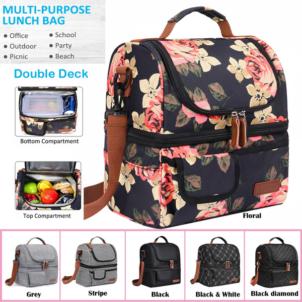 Thermal Lunch Bag Double Deck Insulated Lunch Box Large Cooler Tote Bag  with Removable Shoulder Strap Wide Open Thermal Meal Prep Lunch Organizer  Box