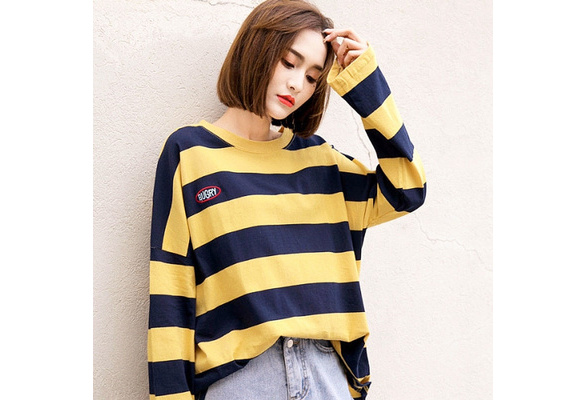 Casual Students Striped T Shirt Girls Korean Style Autumn Long Sleeve Tops  Vogue Women Clothes