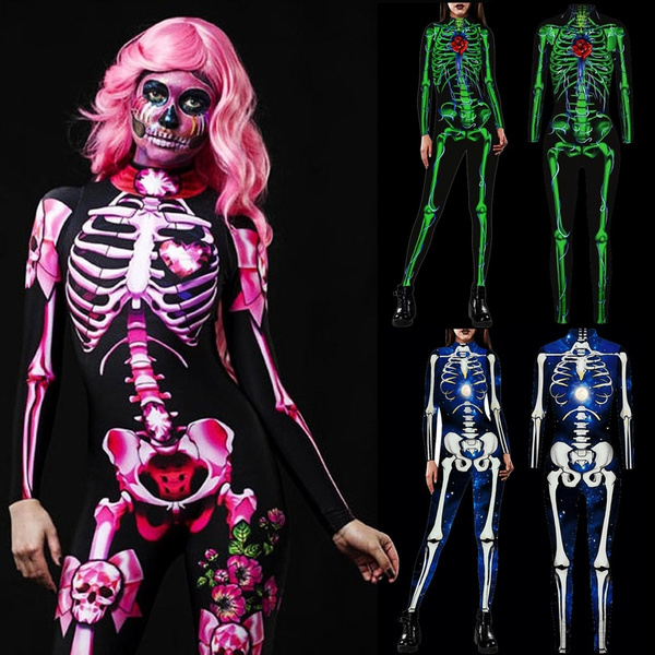 NOIC Womens Halloween Costume 3D Skeleton Zip Up Bodycon Catsuit Stretch Cosplay Bodysuits 