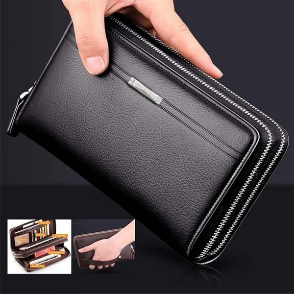 Mens Long Wallet Leather Zipper Large Phone Holder Bag Business Clutch  Handbag