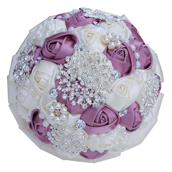 Bridal Flower Wedding Bouquet Crystal Pearls Silk Satin Brooch Rose "Handmade" 