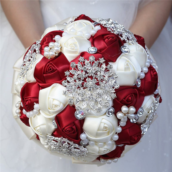 Handmade Wedding Rose Flower Bridal Bouquet Crystal Pearls Silk Satin Brooch ABE 