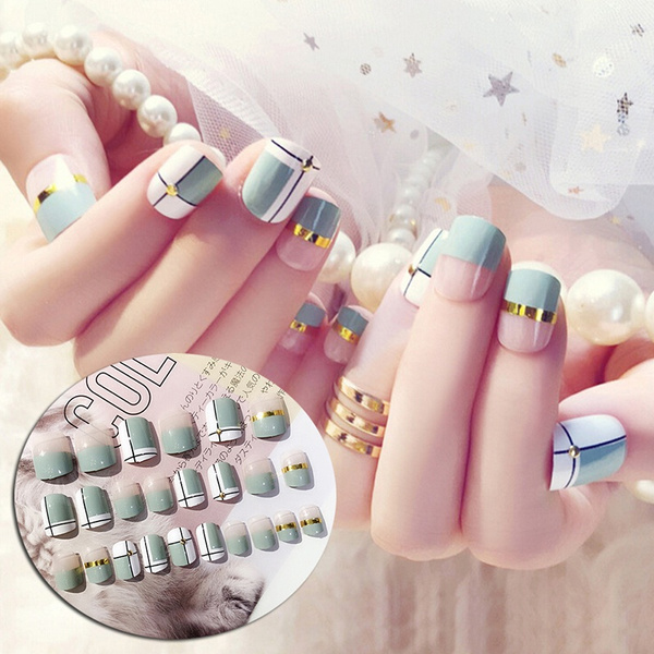 24pcs Light Blue Artificial False Nail Short Fake Nails Art Tips Diy Summer Wish