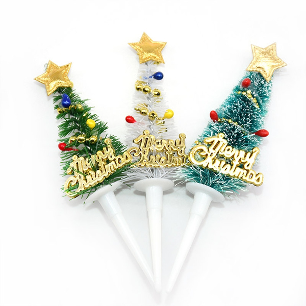 10pcs Christmas Tree Cake Topper Merry Christmas Cupcake Toppers New Year Xmas Party Cake Decor Kids Favor Dessert Ornaments Wish