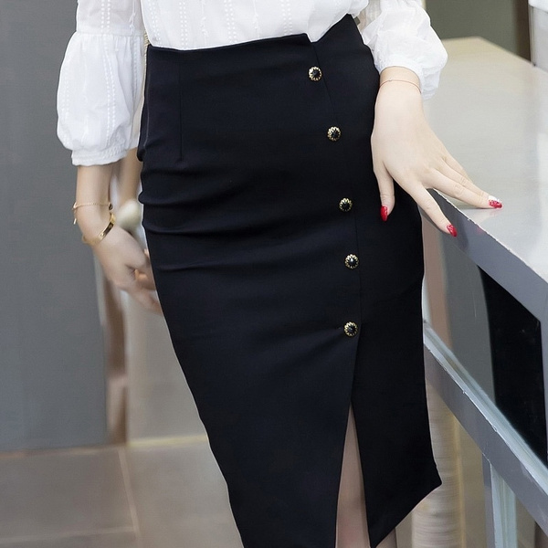 New Fashion Women Pencil Skirt Classic Buttons High Waist Sexy Split Slim Midi  Skirts For Women Stretch Breasted Office Skirt