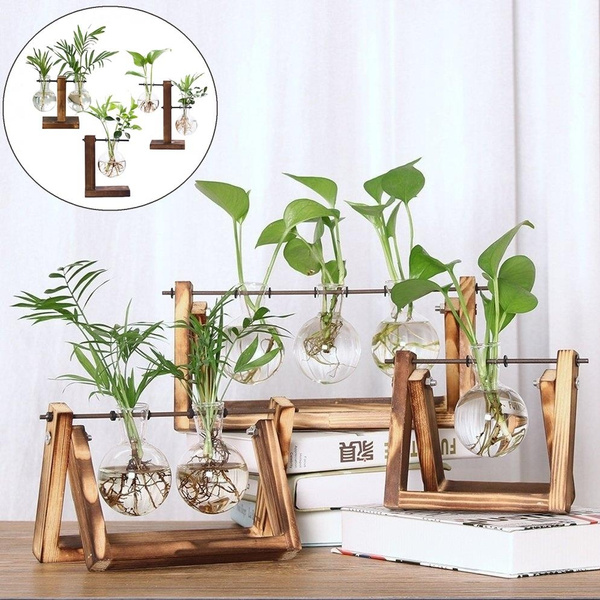 Clear Glass Planter With Wooden Stand Metal Swivel Holder 1/2/3 Bulb Vases 9D76 
