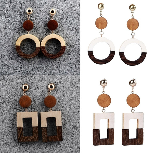 Lightweight Wooden Trapeze Earrings Wood Drop Earrings Hypoallergenic Geometric Brown and Gold Wooden Semi-circle Earrings