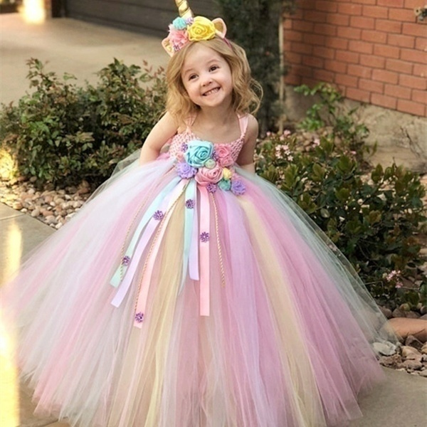 Princess Flower Girl Dress Handmade Rainbow Tulle Girls Party Tutu Dress  For Wedding Birthday Party