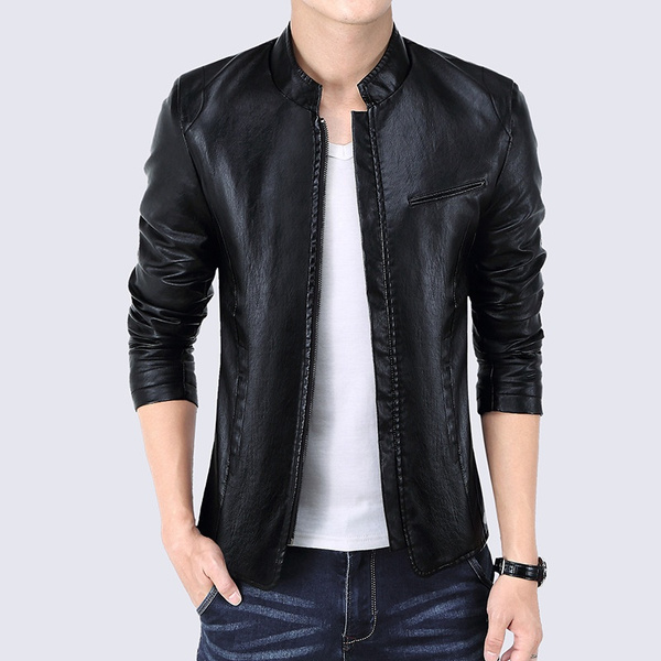 New mens leather jacket Slim collar pu leather tops casual handsome ...