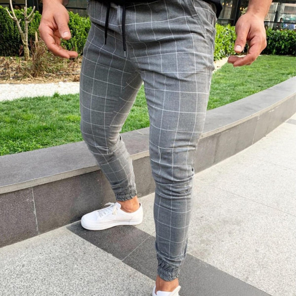 Mens Slim Fit Skinny Check Pants Stretch Plaid Elasticated Waist Tapered  Trousers Casual Fashion