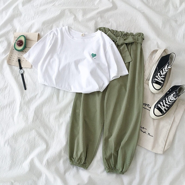 Conjunto de dos piezas Chándal Mujeres Ropa coreana de verano Casual Harem  Pant Suit Student Harajuku Girl | Wish