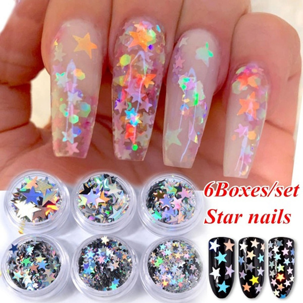 6 Box Set Sexy Shinning Silver Holographic Laser Nail Art Decoration Face Makeup Star Shape Nail Sequins Diy Manicure Supplies Wish