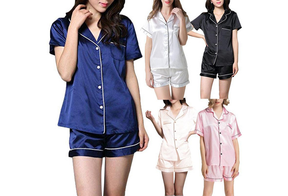 Women's Satin Silk Pajamas Set Short Sleeve Button-Down Sleepwear