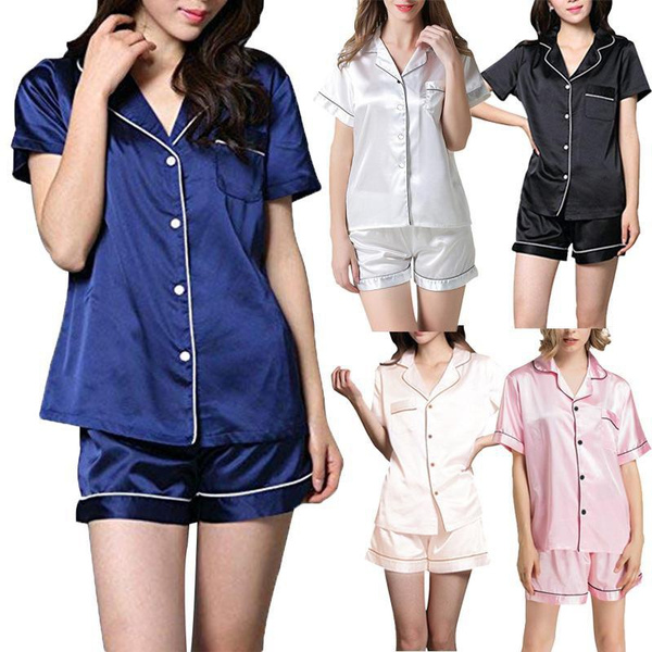 Womens Silk Satin Pajamas Set Short Sleeve Two-piece Pj Sets Sleepwear