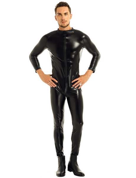 Men's Metallic Patent Leather Bodysuit Zentai Wet Look Bodysuit ...