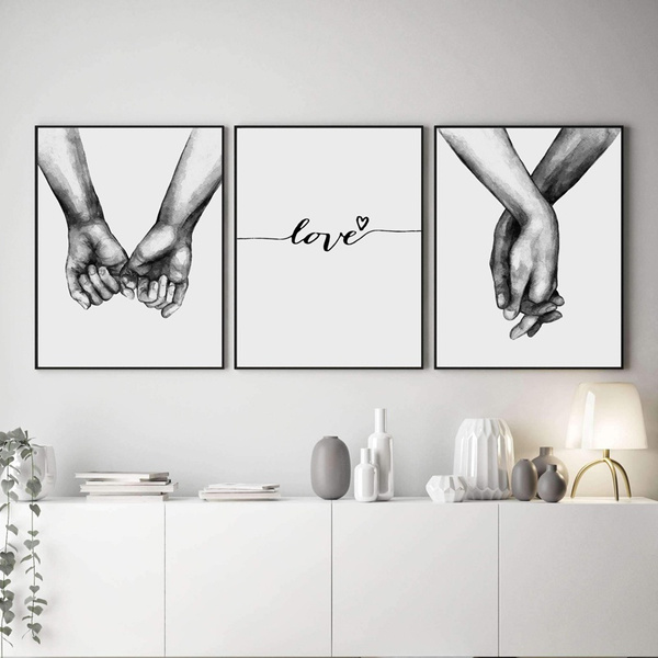 Wall Canvas Prints Black White Holding Hands Abstract Minimalist Decor Pictures