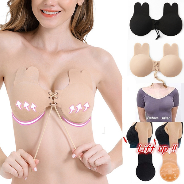 S M L Lace Rabbit Ear Women Self Adhesive Push Up Bra Sexy Backless  Invisible Silicone Bras Gel Stick Strapless Blackless Bralette Underwear Cup：  A B C D E