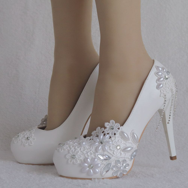 White Lace Flower Wedding Shoes Bridal Shoes High Heel Women Pumps