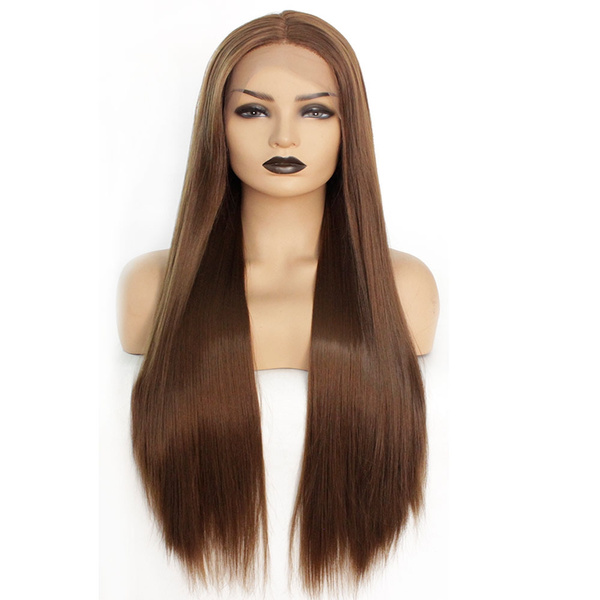 Synthetic Lace Wig Brown Fiber Long Straight Hair High Temperature Silk Hand Woven Head Cover 