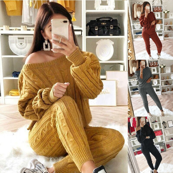 Casual Sweater Pants Knitted 2 Pieces Set Turtleneck Pullovers  Elastic  Waist Pants Women Sweater Sets