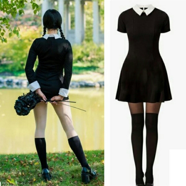 The Addams Cosplay Family Wednesday Addams Dress Costume Halloween Black  Dress Compatible With Women Cosplay Costume