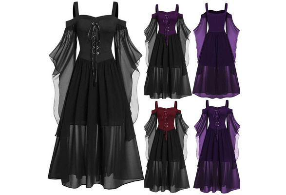 Womens Medieval Dress Plus Size Cold Shouder Halloween Gothic Irish Over Gown Dress Vintage Victorian Boho Set 