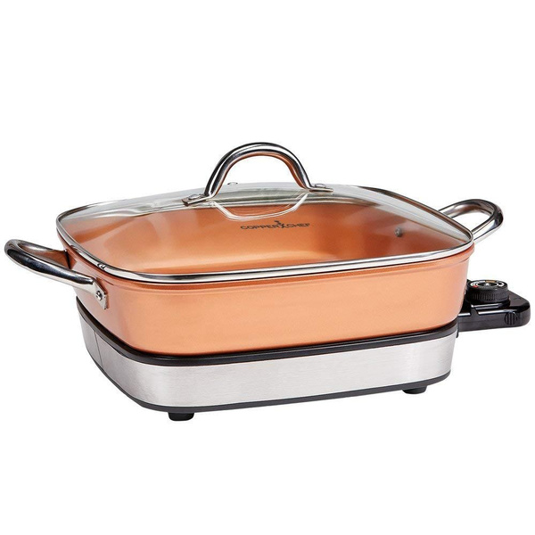 Copper Chef Deluxe 16 Electric Skillet with Stainless Steel Handles-  Buffet Server - For Steaming, Sauteing or Frying