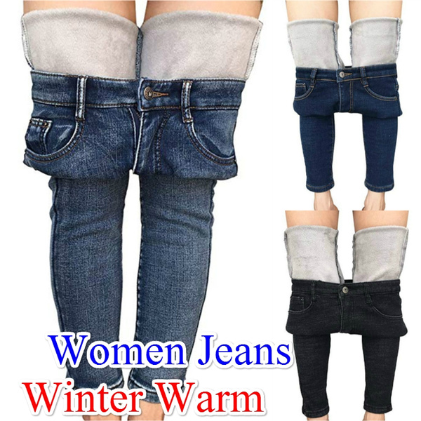 Womens Winter Jeans Thick Skinny Pants Fleece Lined Slim Stretch