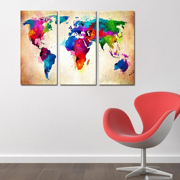 3pcs Colorful World Map Oil Painting on Canvas for Kids Rooms Living ...