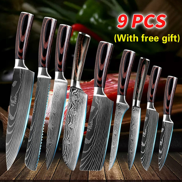 Kitchen Knife Set Japanese Damascus Pattern Chef Knives Stainless Steel  Cleaver