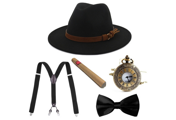 1920s Gatsby Gangster Costume Set For Men – Fedora Hat, Suspenders, Bow Tie, Pocket Watch & More