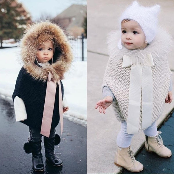 New Winter Cute Baby Girl Knitted Cloak Cape Faux Fur Hooded Wool Sweaters Outerwear Solid Color Thicken Kids Coat Jacket Wish