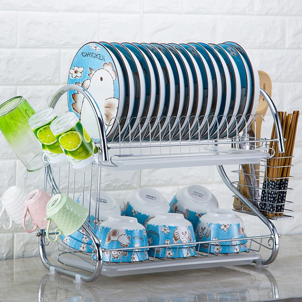 2-Tier Chrome Dish Drying Rack And DrainBoard, Kitchen Dish Cup