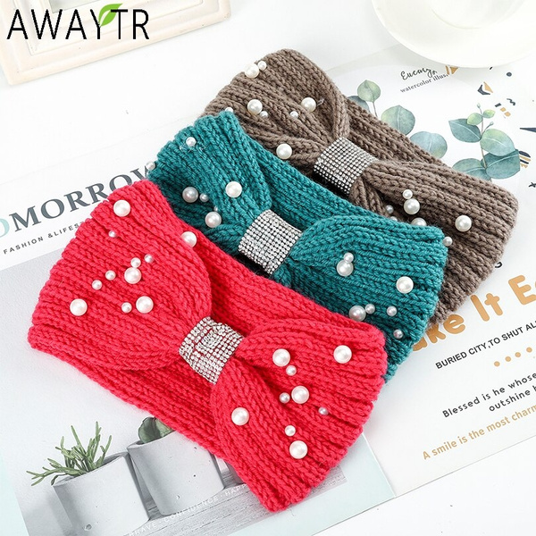 Pearl Knot Headband For Women Girl Knit Warm Crochet Elastic Hair Band