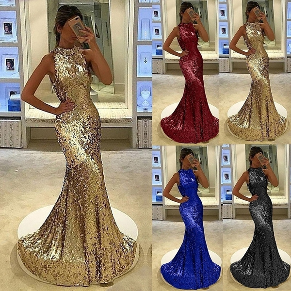 High Quality Women Sleeveless Sequin Party Prom Long Dress Skinny Fishtail Maxi Dress Elegant Evening Party Dress Plus Size Wish