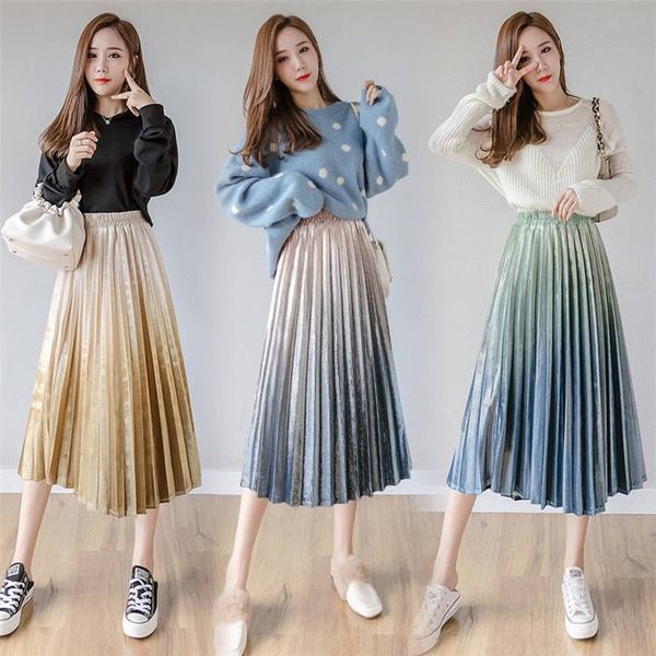 Fashion Gradient Color Skirt Pleated Skirt Paillette Skirt Elegant Women  Long Velvet Skirts Female A-Line Skirt