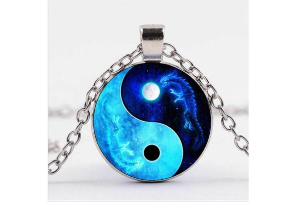Ying and Yang Moon Sun Cabochon Glass Tibet Silver Chain Pendant Necklace 
